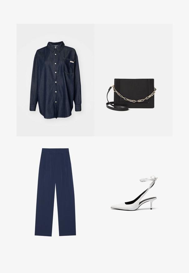 Dark denim button-up shirt featuring a collar, long sleeves, single chest pocket, and white stitching details.; Navy blue wide-leg pants made of soft fabric, featuring front pleats, a smooth texture, and a straight fit with no visible pockets.; White pointed-toe slingback heels with a thin ankle strap. Smooth leather material, thin stiletto heel, and a black interior lining.; Black leather crossbody bag featuring a smooth texture, rectangular shape, and a metallic chain detail on the front. Adjustable strap included.