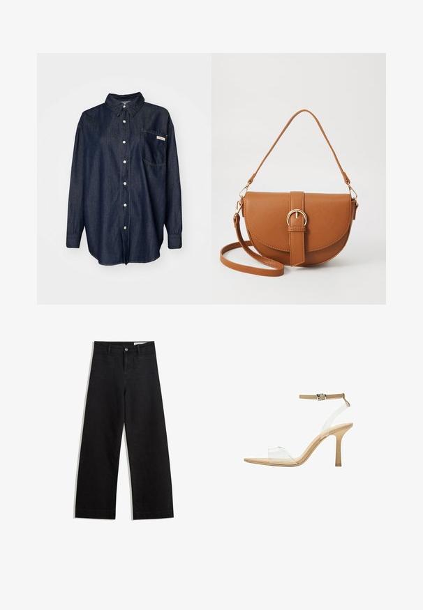 Dark denim button-up shirt featuring a collar, long sleeves, single chest pocket, and white stitching details.; Black wide-leg denim pants with a high waist, featuring front and back pockets, stitched seams, and a button closure. Smooth texture.; Clear heeled sandal with a transparent upper, beige footbed, and a slender ankle strap. Features a pointed toe and a thin high heel.; Brown leather crossbody bag with a curved shape, gold hardware, and a buckle accent. Features a detachable shoulder strap.