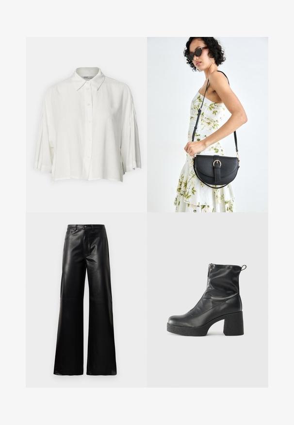 Bluză albă cu mânecă scurtă, guler la gât, închidere cu nasturi pe față și o croială lejeră, confecționată dintr-un material ușor și neted.; Pantaloni negri cu talie înaltă, largi, din piele sintetică, cu nasture frontal, închidere cu fermoar, bucle pentru centură și buzunare laterale pe fundal alb.; Bocanci negri de glezna din piele netedă, cu fermoar lateral, toc texturat și masiv, și design cu vârf rotund.; Geantă din piele neagră, cu o formă curbată, curea detașabilă și accesorii aurii. Geanta are un capac cu un detaliu tip cataramă.