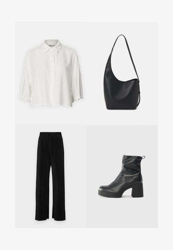 Hvit kortermet bluse med krage, knappelukking foran og avslappet passform, laget av et lett og glatt stoff.; Sorte plisserte bukser med elastisk midje. Har vide ben og et glatt, strukturert stoff med vertikale striper.; Svarte ankelstøvler laget av glatt lær, med glidelås på siden, chunky strukturert hæl, og rund tå-design.; Svart lær hobo-veske med glatt tekstur, buet form og enkelt justerbart stropp; har en bred åpning på toppen.