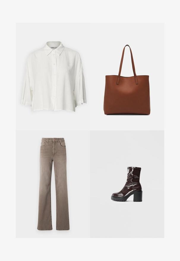 Bluză albă cu mânecă scurtă, guler la gât, închidere cu nasturi pe față și o croială lejeră, confecționată dintr-un material ușor și neted.; Jeans maro cu talie înaltă, drept, cu buton frontal, bucle pentru curea și design clasic cu cinci buzunare, pe un fundal alb.; Botine lucioase burgundy, cu toc gros negru, având o textură netedă și un design simplu. Fără închideri sau modele vizibile.; Geantă de umăr din piele maro cu o textură netedă, design cu vârf deschis și două curele pentru umăr. Prezintă cusături minime și fără componente metalice vizibile.