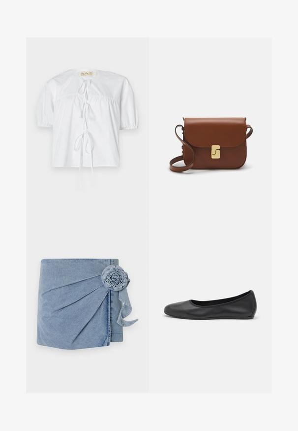 Fehér pamut blúz rövid puffos ujjal, kerek nyakkivágással és elöl megkötős részlettel. Ráncolt varrásokkal a laza illeszkedés érdekében.; Denim körbeölelő darab világoskék árnyalatban, bonyolult redőzéssel és díszes virágdísszel, ami egy lelógó szalaggal van kiegészítve. Puha tapintású és laza stílusú.; Fekete bőr balettcipő lekerekített orral, sima tekstúrával, minimális varrással és rugalmas talp kialakítással.; Barna bőr kézitáska, hajtókás zárással, arany színű fém kiegészítőkkel, vállpánttal és sima felülettel. Kompakt téglalap alakú.