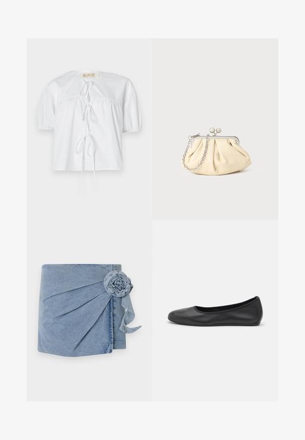 Blusa in cotone bianco con maniche corte a sbuffo, scollo rotondo e dettaglio a fiocco frontale. Presenta cuciture arricciate per una vestibilità rilassata.; Wrap in denim con una tonalità azzurro chiaro, con pieghe intricate e un fiore decorativo con un nastro che penzola. Texture morbida e design informale.; Pantofole da balletto nere in pelle con punta arrotondata, texture liscia, dettagli di cucitura minimi e design con suola flessibile.; Clutch in pelle beige plissettata con una struttura in metallo argento, dotata di due chiusure decorative rotonde e una tracolla in catena argentata.