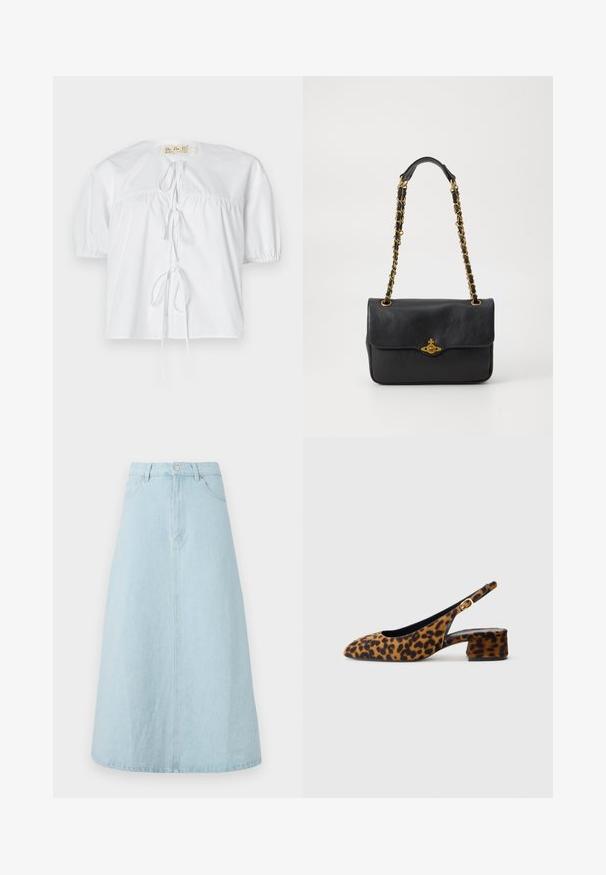White cotton blouse with short puff sleeves, a round neckline, and a front tie detail. Features gathered seams for a relaxed fit.; Light blue denim skirt, knee-length, A-line silhouette, with a waistband, front button closure, and two side pockets. Smooth texture.; Women's leopard print slingback shoe with low block heel and gold buckle on side strap, shown in side profile on plain background.; Black leather handbag with a fold-over flap, gold-tone chain strap, and logo hardware detail on the front. Smooth texture.