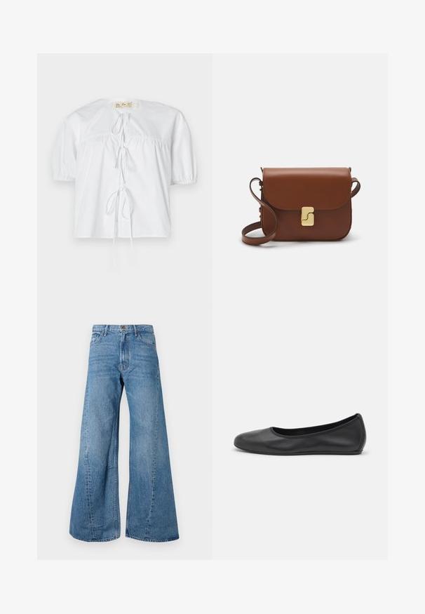 White cotton blouse with short puff sleeves, a round neckline, and a front tie detail. Features gathered seams for a relaxed fit.; White short-sleeve t-shirt made of ribbed fabric. Round neckline, regular fit, and subtle stitching details. No patterns or graphics.; Wide-leg blue denim jeans with a high waist, featuring classic five-pocket styling and slight fading for texture.; Black leather ballet flat with a rounded toe, smooth texture, minimal stitching detail, and a flexible sole design.; Brown leather handbag with a flap closure, gold-tone hardware, a shoulder strap, and a smooth texture. Compact rectangular shape.