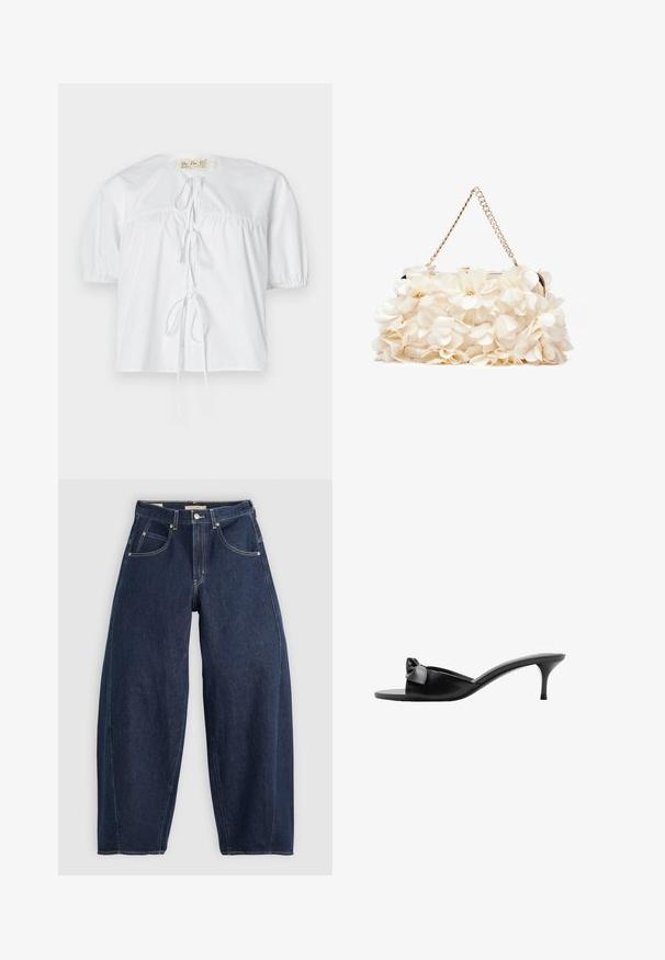 Bela bombažna srajca s kratkimi nabranimi rokavi, okroglim ovratnikom in zaklepom na sprednji strani. Ima nabran šiv za sproščen kroj.; Temno modri kavbojasti hlače z ohlapnim krojem, svetlimi šivi, petimi žepi in gumbom za zapiranje na pasu.; Črne usnjene zavezane mule z naglavnim okrasom, odprtimi prsti in ožjim visokim podplatom. Gladka tekstura in minimalističen dizajn.; Bela cvetlična torbica z nabranim tekstilom, zlato obarvana veriga za nošenje in kovinski ključ. Ima strukturirane cvetne liste za dodano podrobnost.; Lauren Ralph Lauren COLLAR - Verižica - gold-coloured/white