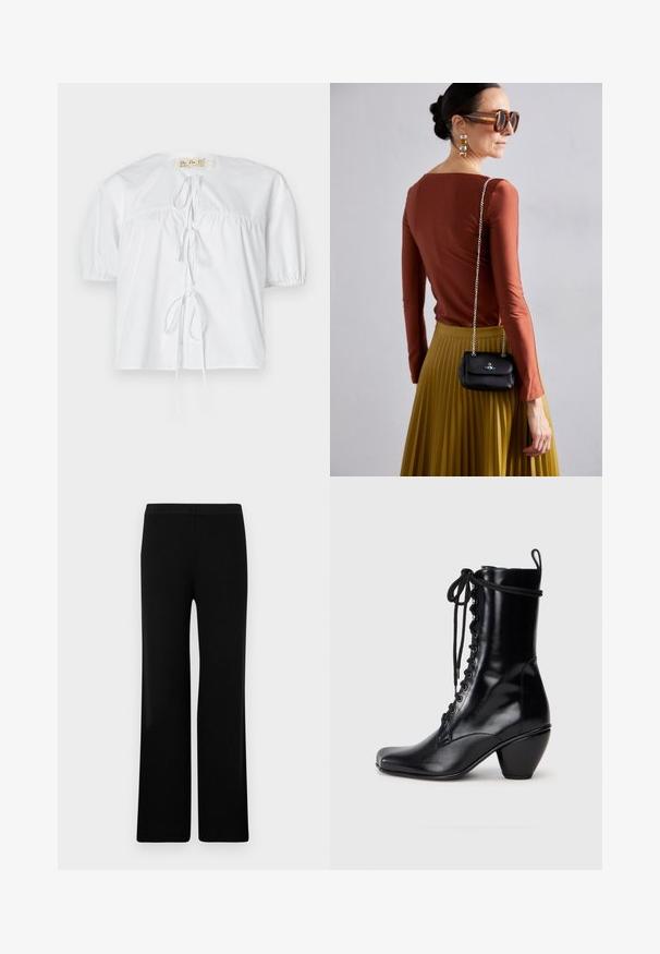 Blusa in cotone bianco con maniche corte a sbuffo, scollo rotondo e dettaglio a fiocco frontale. Presenta cuciture arricciate per una vestibilità rilassata.; Pantaloni neri a gamba larga con una texture liscia e una vita elastica, caratterizzati da un design a coste. Taglio semplice e versatile.; Stivali alla caviglia in pelle nera con punta quadrata, design a lacci frontali e tacco chunky svasato. Texture liscia e finitura elegante.; Vivienne Westwood SMALL PURSE CHAIN - Borsa a tracolla - black