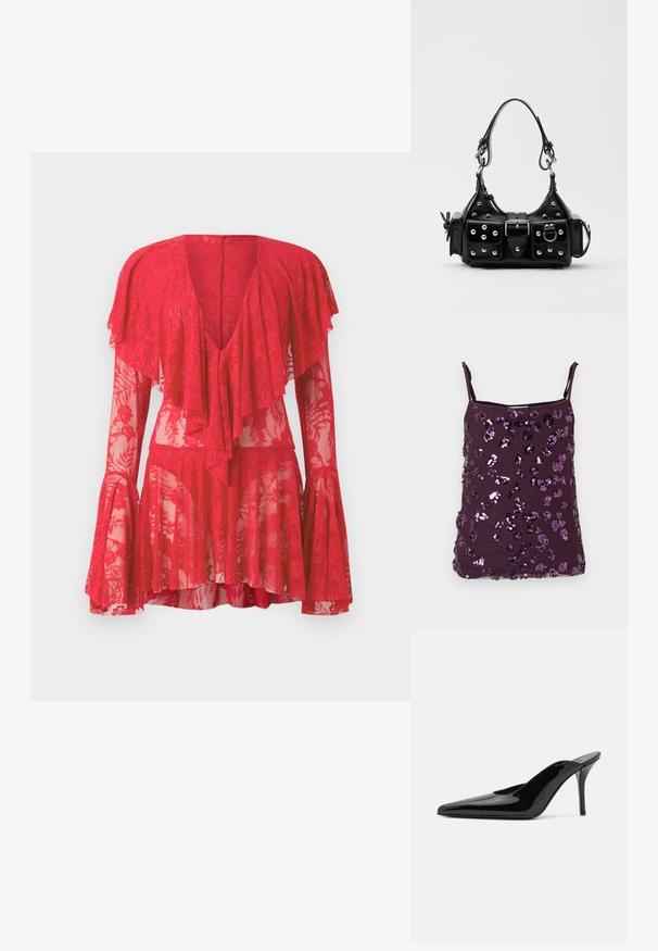 Haut caraco violet avec bretelles ajustables, couvert de sequins violets brillants disposés en motifs floraux. Texture de tissu lisse.; Robe en dentelle rouge avec de longues manches évasées, un décolleté en V profond, des volants superposés et des motifs floraux. Sa texture transparente rehausse son design.; Mule en cuir verni noir à talon haut avec un bout pointu et une silhouette épurée, doté d'un dos ouvert et d'un talon aigu slender.; Sac à main en cuir noir au design courbé, avec des clous en argent, une boucle et deux poches latérales. Bandoulière réglable pour différentes options de transport.