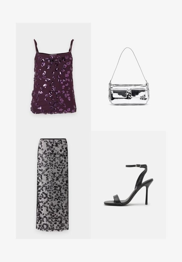 Top mov de tip cămășuță cu bretele reglabile, acoperit cu paiete mov lucioase aranjate în modele florale. Textură de țesătură netedă.; Fustă lungă neagră cu strat transparent decorat cu modele florale negre din paiete răspândite, pe un fundal neutru.; Sandelă neagră cu toc înalt, cu o curea subțire pentru gleznă și două benzi frontale. Fabricată din piele netedă, cu vârf ascuțit și toc stiletto.; Geantă de umăr metalică argintie cu două buzunare frontale, textură netedă, detalii de cusătură și o curea detașabilă. Formă compactă, rectangulară.