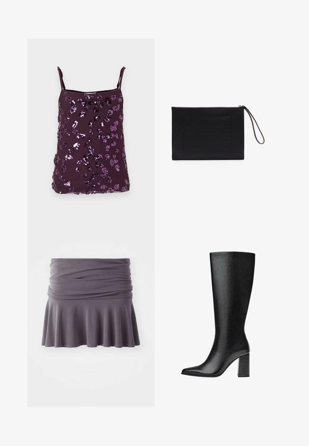 Paarse hemdtop met verstelbare bandjes, bedekt met glanzende paarse pailletten in bloemmotieven. Soepele stoftextuur.; Grijze, knielange rok gemaakt van zachte stof met een geplooide taille en uitlopende zoom. Heeft een gladde textuur en een eenvoudig ontwerp.; Zwarte laars tot de knie van faux leer met een spitse neus, een gladde textuur en een chunky blokhak. Minimalistisch ontwerp zonder zichtbare accenten.; Zwarte clutch gemaakt van textuurstof met een rechthoekige vorm, voorzien van een ritssluiting en een polsband. Inclusief een voorvak.