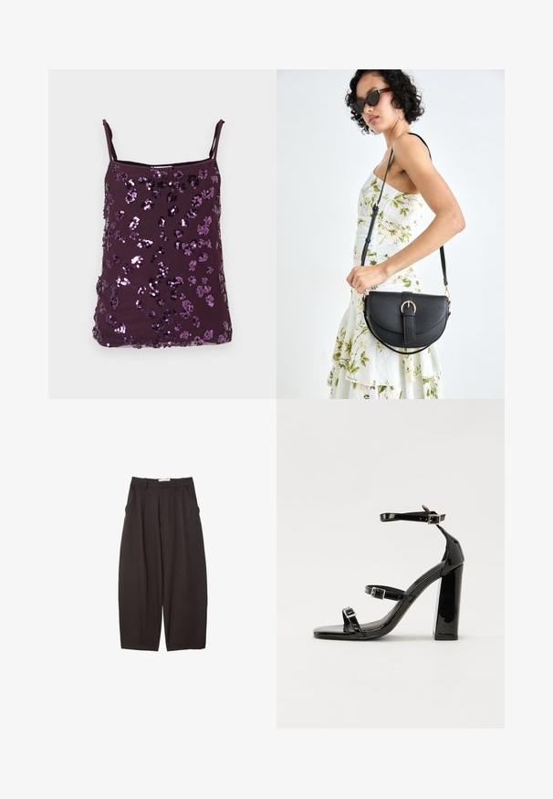 Fialový kamizolový top s nastaviteľnými ramienkami, pokrytý lesklými fialovými flitrami usporiadanými do kvetinových vzorov. Hladká textúra látky.; Čierne široké nohavice vyrobené z hladkej tkaniny, s vysokým pásom, prednými skladmi a bočnými vreckami. Jednoduchý dizajn bez ozdôb.; Čierne lakované sandále na podpätku so štvorcovou špičkou, navlečenými remienkami okolo členku a striebornými prackami. Disponujú masívnym blokovým podpätkom pre stabilitu.; Čierna kožená kabelka s zaobleným tvarom, odnímateľným popruhom a zlatými doplnkami. Kabelka má klopu s detailom s prackou.
