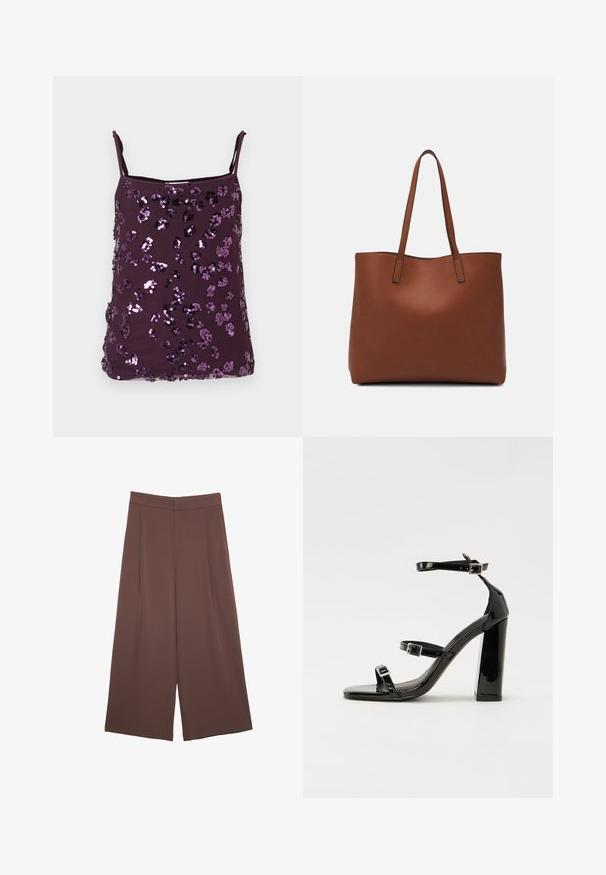 Lilla camisole-top med justerbare stropper, dækket af skinnende lilla palietter arrangeret i blomsterpattern. Glat stoftekstur.; Brune bredbunde bukser med en glat tekstur, der har høj talje og plisseringer foran. Stoffet er let og falder løst.; Sorte patenterede hælsandaler med firkantet tå, ankelremme og sølvspænder. Har en chunky blokHæl for stabilitet.; Brun læder tote taske med en glat overflade, åben topdesign og to skulderremme. Har minimal syning og ingen synlig hardware.