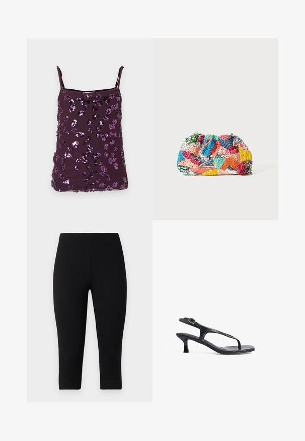 Haut caraco violet avec bretelles ajustables, couvert de sequins violets brillants disposés en motifs floraux. Texture de tissu lisse.; Leggings capri noirs en tissu extensible, offrant une coupe ajustée et une texture lisse, sans motifs ni accents visibles.; Sandale en cuir noir au design épuré, avec des fines lanières et un petit talon. Dispose d'une boucle décorative et d'une semelle intérieure lisse.; Pochette tissée colorée présentant divers motifs en rose, bleu, vert et jaune, avec des ornements texturés et des accents décoratifs.