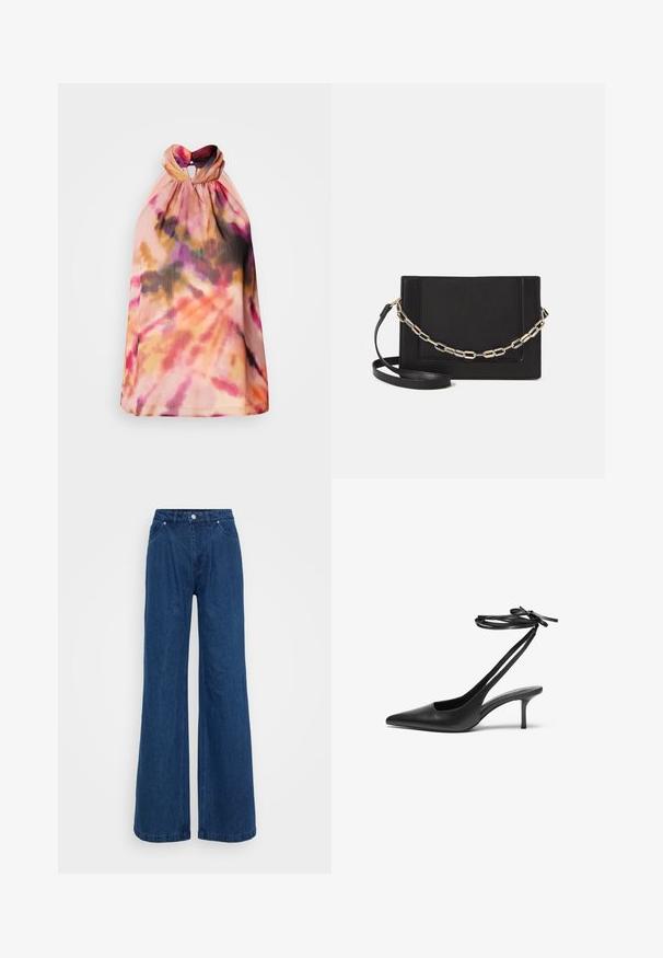 Top com alças de pescoço halter em tecido leve e texturizado, apresentando um padrão tie-dye nas cores rosa, laranja e preto, com um detalhe de abertura nas costas.; Jeans de ganga azuis de perna larga com uma cintura alta, fecho frontal por botão e zip e bolsos dianteiros e traseiros sobre um fundo plain.; Shoe stileto de couro preto com bico fino, parte traseira aberta e tiras de tornozelo atadas em um laço. Salto fino de 7,5 cm. Textura suave, design minimalista.; Bolsa crossbody de couro preto com uma textura suave, forma retangular e um detalhe em corrente metálica na frente. Inclui uma alça ajustável.