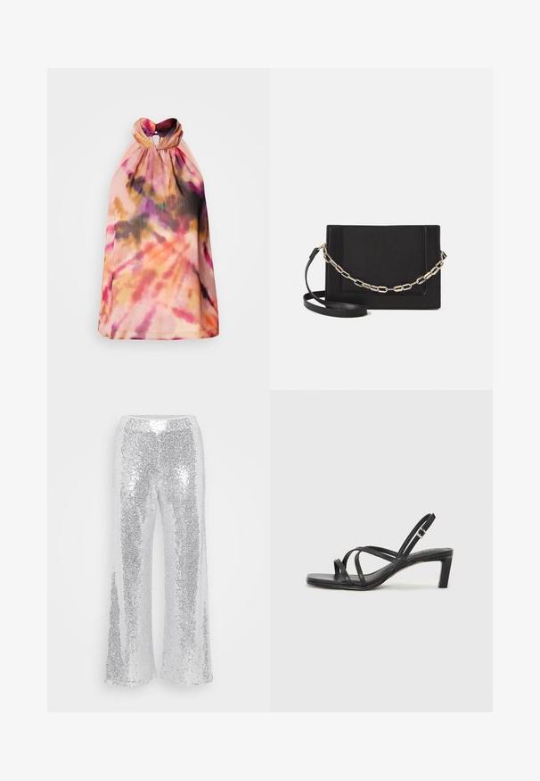 Halterový top z ľahkej, texturovanej tkaniny s batikovaným vzorom v odtieňoch ružovej, oranžovej a čiernej farby a detailom v tvare kľúčovej dierky na zadnej strane.; Strieborné nohavice so širokými nohavicami a vysokým pásom ozdobené flitrami. Tkanina sa leskne a odráža svetlo, pričom má hladký, lesklý povrch.; Čierne sandále na vysokom podpätku so štvorcovou špičkou a nízkym blokovým podpätkom. Obsahujú viacero tenkých popruhov a nastaviteľný členkový popruh. Vyrobené z hladkej kože.; Čierna kožená crossbody taška s hladkou textúrou, obdĺžnikovým tvarom a kovovým reťazovým detailom na prednej strane. Súčasťou je nastaviteľný popruh.