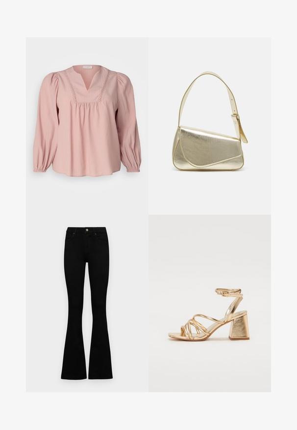 ONLY Carmakoma CARMYRNA - Blusa - silver pink; Jeans pretos em corte flared feitos de denim. Apresentam um fecho de botão, cinco bolsos e uma textura suave. A perna flared começa abaixo do joelho.; Sandálias de salto alto metálico dourado com design em tiras, salto quadrado e tira no tornozelo ajustável com fivela. Textura suave.; Bolsa de mão metálica dourada com um design estruturado, textura suave e alça ajustável. Apresenta uma forma triangular única e costura minimalista.