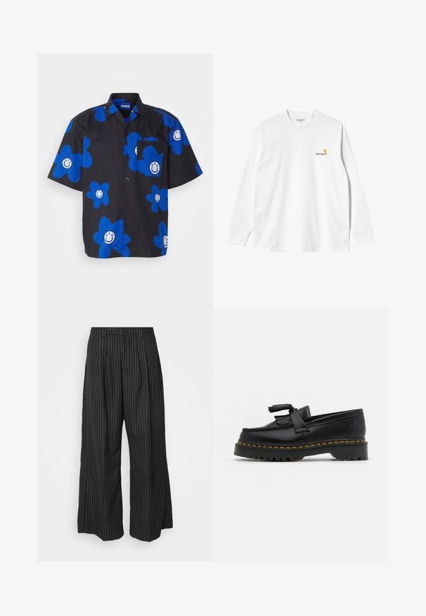 HUGO ELIGINO - Overhemd - black; Witte katoenen T-shirt met lange mouwen en ronde hals, met een klein geel en bordeaux logo op de linkerborst. Naadloze manchetten en zoom.; Zwarte gestreepte wijde broek met plooien, met een op maat gemaakt ontwerp en een zachte textuur. Geen zichtbare hardware of accenten.; Zwarte leren loafers met een franjesaccent, voorzien van een dikke zwarte zool en gele stiksels langs de rand. Gevoelige afwerking.