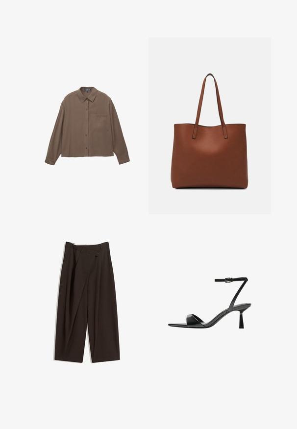 Brun langærmet skjorte med knapper og krave samt brystlomme, vist fladt på en hvid baggrund.; Mørkebrune brede bukser med høj talje, udstyret med en enkelt knaplukning og en plisseret front. Lavet af letvægtsstof.; Bershka Højhælede sandaletter / Højhælede sandaler - black; Brun læder tote taske med en glat overflade, åben topdesign og to skulderremme. Har minimal syning og ingen synlig hardware.