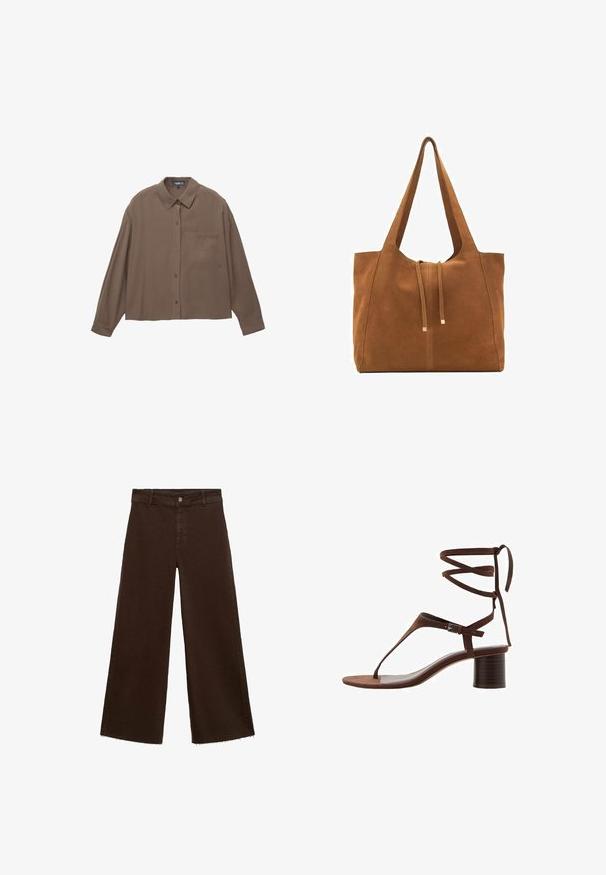 Brąszu długi rękaw koszula zapinana na guziki z kołnierzykiem i kieszonką na piersi, wyeksponowana na białym tle.; Brązowe spodnie o szerokich nogawkach z mieszanki bawełny, z postrzępionym dołem, przednim zapięciem na guzik i klasycznym pięciopocketowym wzorem. Minimalistyczne i uniwersalne.; Brązowe zamszowe sandały na wysokim obcasie z trójkątnym paskiem na palce, wiązaniami na kostce i teksturowanym obcasem w formie bloku dla stabilności.; Brązowa torba tote z zamszu z dwoma długimi paskami, zamknięciem na sznurek i minimalistycznym wzornictwem. Gładka tekstura i brak widocznych akcentów metalowych.