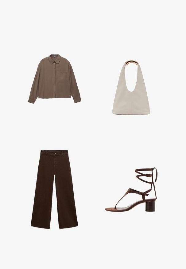 Rjava dolga srajca z gumbi, ovratnikom in žepom na prsih, prikazana na beli podlagi.; Rjave široke hlače iz mešanice bombaža, z raztrganim robom, sprednjim gumbom in klasičnim dizajnom s petimi žepi. Minimalistične in vsestranske.; Rjava semiš sandala na visoki peti s triangularnim pasom za prste, vezanjem okrog gležnja in teksturiranim blok petom za stabilnost.; Svetlo siva usnjena torba z U-oblika zasnovo in ukrivljenim kovinskim ročajem. Gladka tekstura z minimalnim šivom in brez vidnih vzorcev.