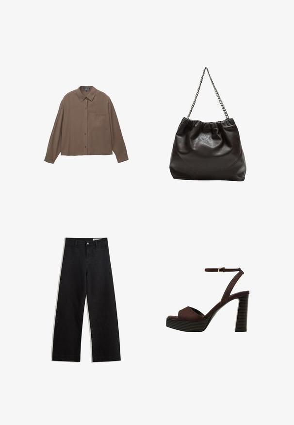 Brun långärmad skjorta med knappar, krage och bröstficka, liggande platt på en vit bakgrund.; Svarta vida denimbyxor med hög midja, med fram- och bakfickor, sydda sömmar och knappstängning. Slät textur.; Bruna mocka högklackade sandaler med öppen tå, justerbar vristrem och en randig plattformssula.; Brun läderväska med rynkad topp och kedjesnodd. Slät textur med en blankslipad yta och subtila sömdetaljer på sidorna.