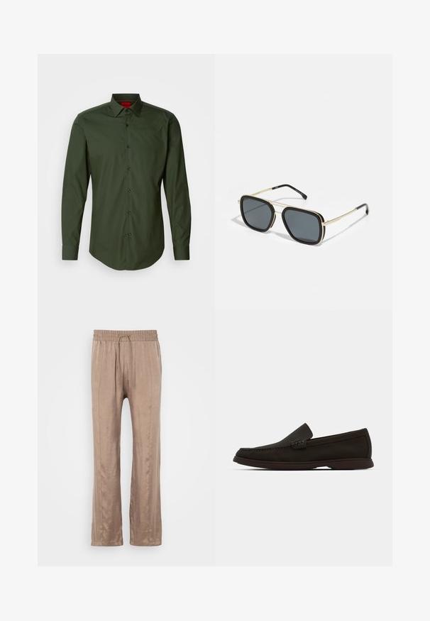 Tume roheline pika varrukaga särk, mis on valmistatud siledast puuvillast, klassikalise kraega, mustade nuppudega ja kaarja alläärega. Krael punane brändi logo.; Heledad pruunid, laiad püksid, millel on sile kangas, elastne vöökoht ja nöör, ning kaks esimest kortsu.; Tumedat pruuni seemisnahast sussid, millel on tikitud varvas, madala profiiliga kummitald ja tekstureeritud detailid ülemisel osal.; Must poolt ja kuldseid prille ruudukujulise disainiga, metallraamiga, tumehallide läätsedega ja mustade käepidemetippudega. Omab kahekordse silla disaini.