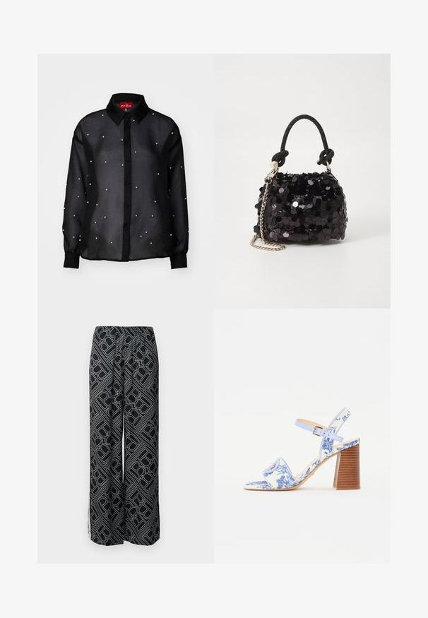 Black sheer button-up shirt with long sleeves, featuring pearl-like accents scattered throughout and a classic collar design.; Wide-leg trousers made of black fabric featuring a white geometric pattern. Elastic waistband, flowing design, and side slits.; Blue floral-printed sandal with a square toe, a wide strap, and an adjustable ankle strap, featuring a textured wooden block heel.; Black sequin mini handbag with a knotted textured strap and silver chain. Rounded shape with gathered top and reflective detailing.