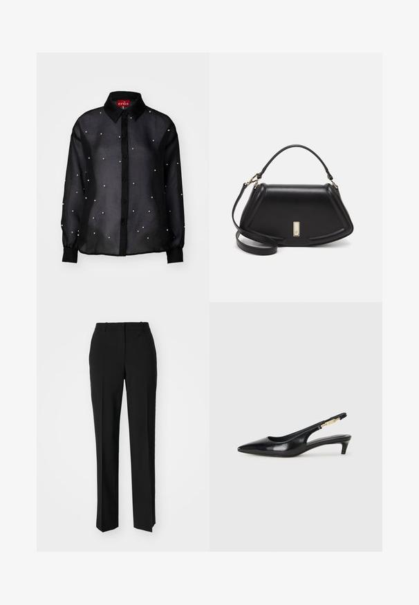 Black sheer button-up shirt with long sleeves, featuring pearl-like accents scattered throughout and a classic collar design.; Black tailored trousers with a straight-leg design, featuring a smooth texture and crisp creases along the front. No visible hardware.; Black leather slingback heels with a pointed toe, featuring a slim heel and a gold-tone accent on the adjustable strap. Smooth texture.; Black leather handbag with a structured design, featuring a cropped shape, top handle, and gold hardware accent. Adjustable shoulder strap included.
