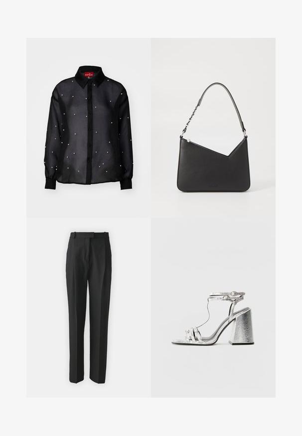 Mustmust läbipaistev nööpidega särk pika varrukaga, millel on pärlilaadsed aktsendid ja klassikaline krae.; Mustad kohandatud mustad püksid kergest kangast, sirge lõikega, lamedate esiosadega ja vöökohaga. Sile tekstuur ilma nähtavate mustriteta.; Hallidega hõbedased sandaalid, millel on plokknööp, õhukeste rihmadega ja pahkluu klambriga. Materjalil on metallik viimistlus ja tekstureeritud välimus.; Mustmust mustra kott, millel on kolmnurkne kuju, õhuke rihm ja hõbedased detailid. Omab tõmblukuga sulgemist ja reljeefset logo esiklapi peal.