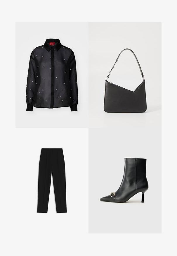 Camicia nera trasparente con bottoni e maniche lunghe, caratterizzata da accenti simili a perle distribuiti qui e là e un design classico del colletto.; Pantaloni neri a taglio dritto, con doppie pieghe, una texture liscia e un design classico in vita. Nessun hardware o dettaglio visibile.; Stivale alla caviglia in pelle nera con punta affusolata, tacco sottile di media altezza e dettaglio in fibbia argentata sul lato, su sfondo semplice.; Borsa a mano in pelle nera con forma triangolare, una tracolla sottile e accessori in argento. Presenta una chiusura con zip e un logo impresso sul davanti.