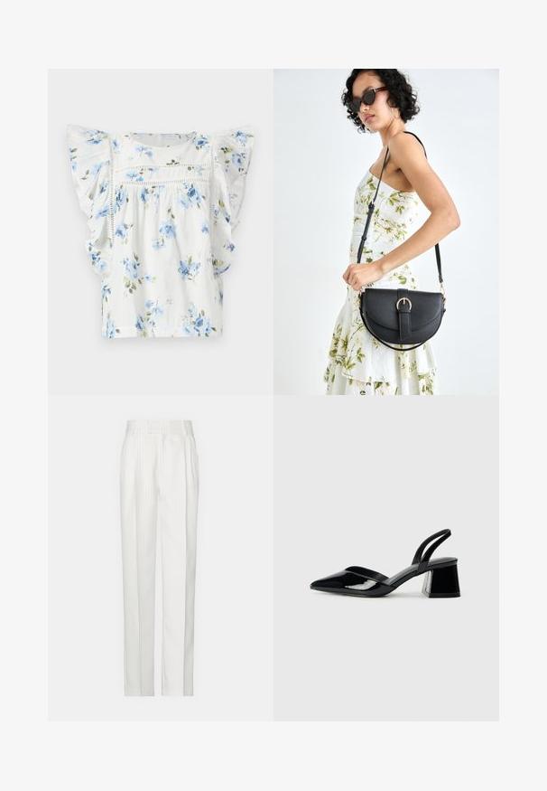 Balta gėlėta palaidinė su mėlynomis gėlėmis, voliotais trumpais rankovėmis ir subtiliomis nėrinių detalėmis krūtinėje. Lengvas audinys.; Balti dryžuoti kelnės su tiesiu kojų dizainu, pagamintos iš lengvos medžiagos. Priekyje turi klostes ir tradicinį juosmenį.; Juodos lakuotos odinės šlepetės su smailiu pirštu ir geometriniu bloko kulnu. Turi elegantišką, minimalistinį dizainą ir lygų paviršių.; Juodas odinis krepšys su išlenkta forma, nuimamu dirželiu ir auksiniais detalėmis. Krepšys turi kilpą su sagtimi.