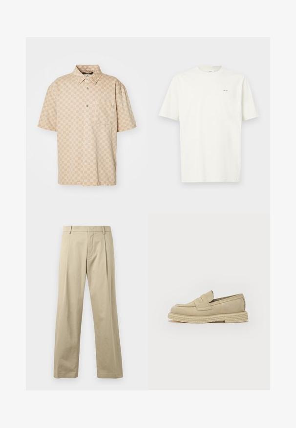 Beige Kurzarmhemd mit Karomuster, Knopfleiste und Brusttasche. Aus leichtem Stoff mit glatter Textur gefertigt.; Ein schlichtes weißes T-Shirt mit kurzen Ärmeln und einem kleinen schwarzen "NN. 07"-Schriftzug auf der linken Brust vor einem hellen Hintergrund.; Beige Hose aus Baumwolle mit geradem Bein, vorderen Falten und traditionellem Bundverschluss. Sanfte Textur, minimalistische Details.; The Antipode COLLEGE - Mokassin - ivory