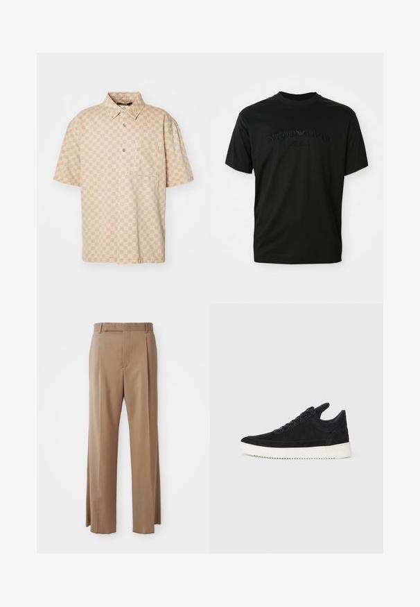 Lühikeste varrukatega beež särk, millel on ruuduline muster, nööbid ees ja rinna tasku. Valmistatud kergetest kangast, millel on sile tekstuur.; Musthave lühikeste varrukatega must t-särk ümarate kaelustega, mille esiküljel on tooni peene tikandiga logo "Emporio Armani Milano". Sile tekstuur.; Kergelt pruunid kohandatud püksid sirgete jalgadega, vöökohaga, esiseame ja peidetud kinnihoidmisega, esitatud tasapinnal valgel taustal.; Must mustel kingad valge kummist tallaga, millel on toon-toonis õmblused ja paeltega disain. Sile tekstuur ja moodne, voolujooneline kuju.