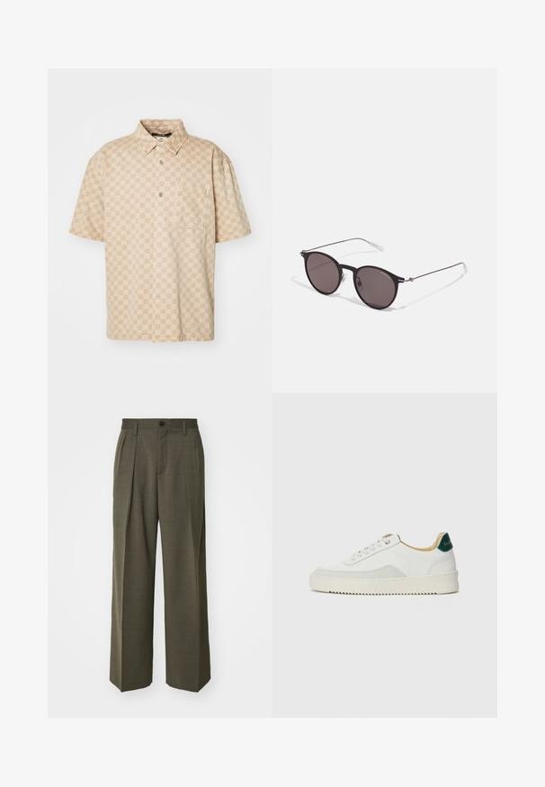 Krátke rukávy bežovej košele s mriežkovým vzorom, gombíkovým zapínaním a vreckom na hrudi. Vyrobená z ľahkej tkaniny s hladkou textúrou.; Filippa K WIDE TROUSERS - Nohavice - driftwood; Biele tenisky s semišovými akcentmi, zaoblenou špičkou, plochými šnúrkami a krémovou gumovou podrážkou. Na päte sú zelené značky.; Čierne okrúhle slnečné okuliare s tmavými sklami a tenkými kovovými ramenami. Obsahujú priehľadné konce rámov a strieborné akcenty na pántoch. Minimalistický dizajn.
