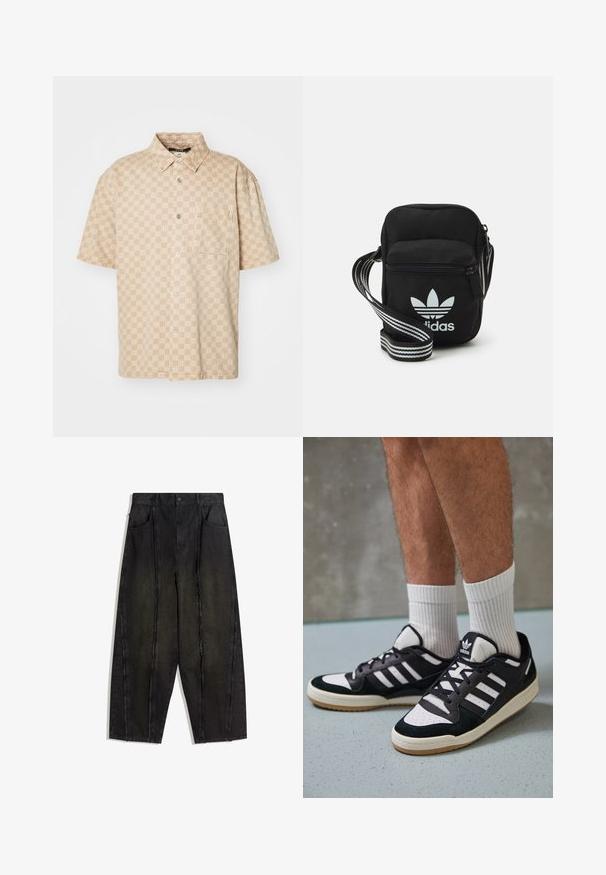 Krátke rukávy bežovej košele s mriežkovým vzorom, gombíkovým zapínaním a vreckom na hrudi. Vyrobená z ľahkej tkaniny s hladkou textúrou.; Čierne nohavice s širokými nohavicami z denimu, viditeľné švy a rozstrapkané okraje, so zapracovanými prednými vreckami a vysokým pásom.; Čierno-biele tenisky s vrchom z semišu a kože, s troma bielymi pruhmi, perforovanou špičkou a gumovou podrážkou.; Čierna textilná crossbody taška so zipsovým uzáverom, ktorá má biele logo Adidas a pruhovaný nastaviteľný popruh pre jednoduché nosenie.