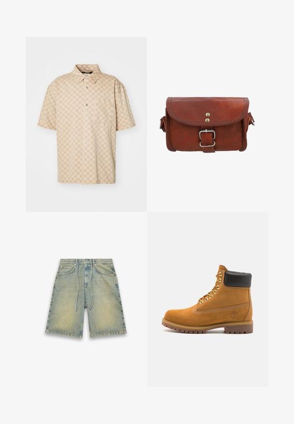 Krátký rukáv béžové košile s mřížkovým vzorem, zapínání na knoflíky a kapsa na hrudi. Vyrobena z lehké látky s hladkou texturou.; Světle modré denimové šortky s elastickým stahovacím pásem, předními kapsami a vybledlým texturováním. Obsahují jemné zbarvení a mají rovný střih.; Hnědé semišové kotníkové boty s černým polstrovaným límcem, zlatými kovovými očky, bílým prošíváním a odolnou gumovou podrážkou s výraznými drážkami.; Hnědá kožená taška s klopou, sponou ze stříbrného kovu a kontrastním prošíváním. Kompaktní obdélníkový tvar s hladkým povrchem.