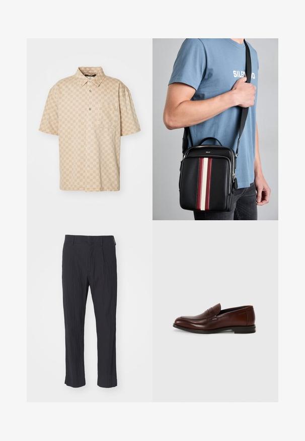 Rövid ujjú bézs ing rácsos mintával, gombos elülső résszel és mellzsebbe. Könnyű anyagból készült, sima tapintással.; Fekete pliszírozott nadrág textúrált anyagból, egyenes lábbal és standard derékpánttal. Nincsenek látható zsebek vagy fémalkatrészek.; Barna bőr loaferek lekerekített orral, elülső pánt részlettel és alacsony, stílusos sarokkal. Sima textúra minimális díszítéssel.; Fekete bőr keresztpántos táska piros, fehér és bézs függőleges csíkokkal. Felül fogantyúval és állítható pánttal rendelkezik. A cipzáras zárás látható.