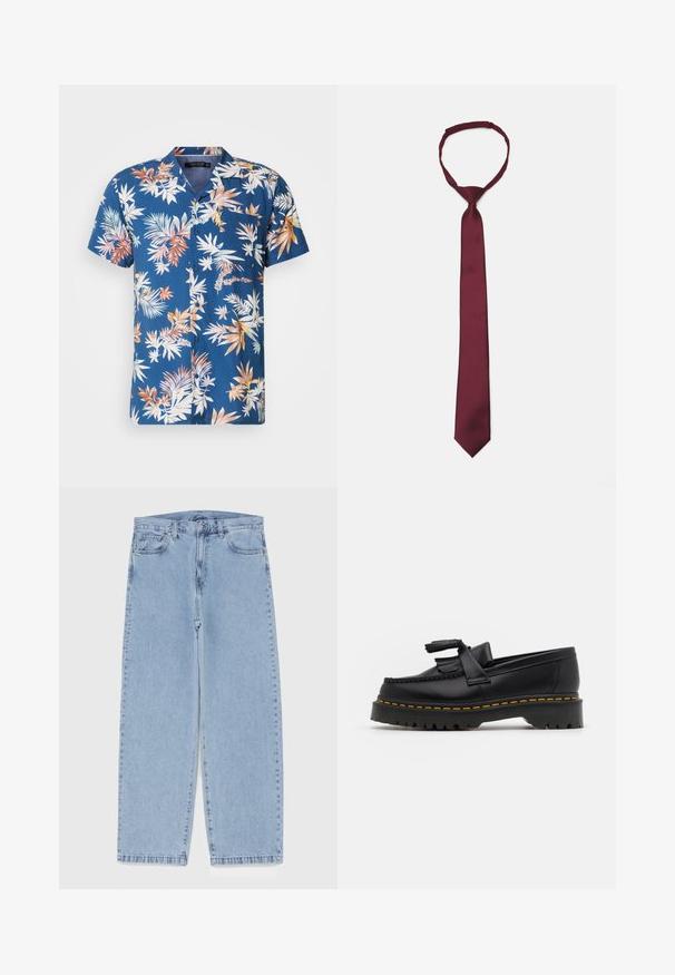 Koszula krótko rękawowa z guzikami w granatowym kolorze z wielokolorowym wzorem liści tropikalnych. Posiada jedną kieszeń na piersi, lekki materiał i luźny krój.; Jasnoniebieskie dżinsy o prostym kroju nogawki, z średnim stanem, pięcioma kieszeniami oraz zapięciem na guzik i zamek błyskawiczny.; Czarny skórzany mokasyn z frędzelkowymi akcentami, z masywną czarną podeszwą i żółtym przeszyciem wzdłuż krawędzi. Teksturowane wykończenie.; Burgundowa satynowa krawatka o gładkiej fakturze, wąskim rozmiarze i zakończeniu w szpic; posiada pętlę umożliwiającą łatwe noszenie.