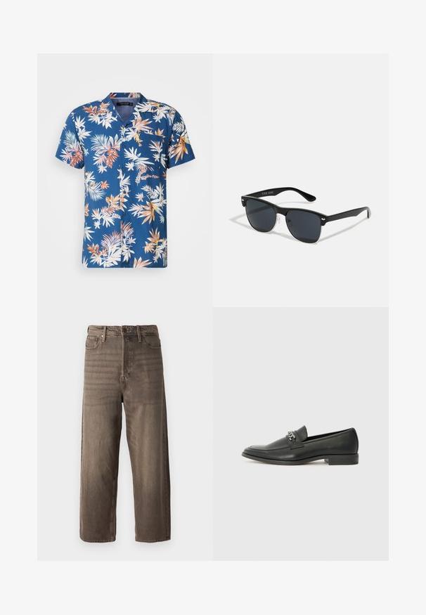 Kurzarm-Hemd mit Knopfleiste in Marineblau mit mehrfarbigem tropischen Blattmuster. Mit einer Brusttasche, leichtem Stoff und lässiger Passform.; Braune weit geschnittene Jeans aus Denim. Mit Reißverschluss, Gürtelschlaufen und fünf Taschen. Der Stoff hat eine verblasste, strukturierte Optik.; Schwarzer Lederloafer mit glatter Oberfläche, ausgestattet mit einer gesteppten Gestaltung und einem dekorativen Metallkettendetail über dem Vorderblatt. Flacher Absatz.; Schwarze Sonnenbrille mit rechteckiger Form, dunklen Gläsern, silbernen Akzenten an den Bügeln und mattierter Oberfläche des Rahmens.