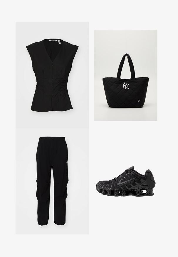 Juoda prigludusi bliuska su V formos iškirpte, trumpomis rankovėmis, priekiniais mygtukais ir susiraukusiais šonais, suteikianti struktūrizuotą siluetą.; Juoda ilgomis rankovėmis sportinė marškinė su pusiau užtrauktuku, apykakle, atspindinčiu Nike logotipu ir plokščiomis siūlėmis komfortui ir prigludusiai formai.; Juodos lauko kelnės, pagamintos iš tvirto medžiagos, su laisvu siluetu, elastinga juosmens juosta ir surišamais rankogaliais, leidžiančiais reguliuoti ilgį.; Juodas sportinis batai su tinklinėmis viršutinėmis dalimis ir blizgiomis detalėmis. Yra kreivai suformuota spyruoklinė amortizacija ir tekstūruoti brūkšniai šone. Matomas Nike logotipas.; Juodai siūtas quilted rankinė su dvigubomis rankenėlėmis, su baltu Niujorko "Yankees" logotipu ir mažyčiu prekės ženklo emblemu šone.