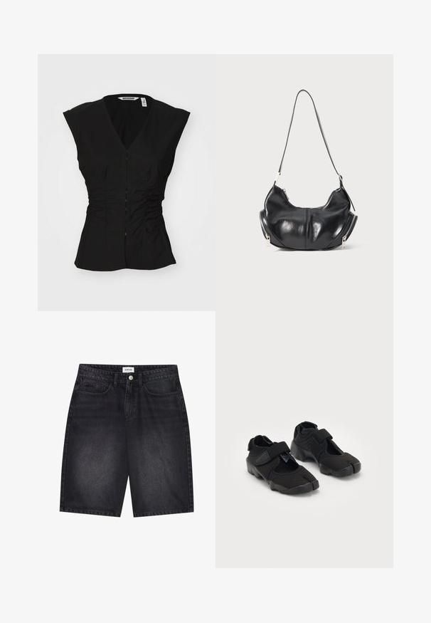 Black fitted blouse with a V-neck, cap sleeves, front button closure, and gathered side detailing for a structured silhouette.; Black denim shorts with a classic design. Features five pockets, front button closure, and stitching detail. Smooth texture and straight cut.; Black water shoes made of flexible fabric with a Velcro strap, featuring a unique split-toe design and textured rubber sole for grip.; Black leather crescent-shaped shoulder bag with silver zippers on both sides and a single strap.; Silver Casio quartz watch with rectangular face, analog and digital displays, stainless steel bracelet, and water-resistant features.