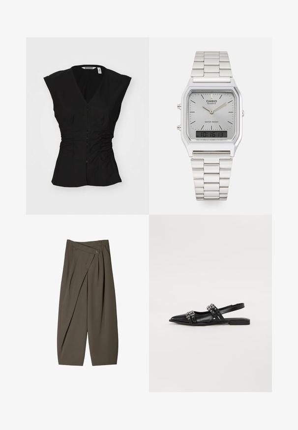 Fekete, testhez simuló blúz V-nyakkal, rövid ujjakkal, elülső gombzárral és összegyűrt oldali részletekkel, amelyek strukturált siluettet biztosítanak.; Széles szabású sötét olívazöld nadrág, pleated elülső kialakítással, gombos záródással és fényes, texturált felülettel.; Even&Odd Sarokpántos balerina cipők - black; Ezüst Casio kvarcóra téglalap alakú számlappal, analóg és digitális kijelzőkkel, rozsdamentes acél karkötővel és vízálló tulajdonságokkal.