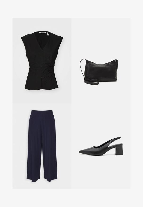Blouse noire cintrée avec un col en V, des manches courtes, une fermeture à boutons sur le devant et des détails froncés sur les côtés pour une silhouette structurée.; Pantalon large en tissu bleu marine foncé avec une texture côtelée. Il présente une taille lisse et une silhouette fluide, atteignant la longueur mi-mollet.; Chaussure à talon en cuir noir, à dos nu, avec un bout pointu et un large talon bloc. Elle dispose d'une sangle réglable avec une boucle en métal.; Sac à épaule en cuir noir avec une texture lisse, une forme courbée, une bandoulière ajustable et une fermeture éclair. Design minimaliste sans embellissements.