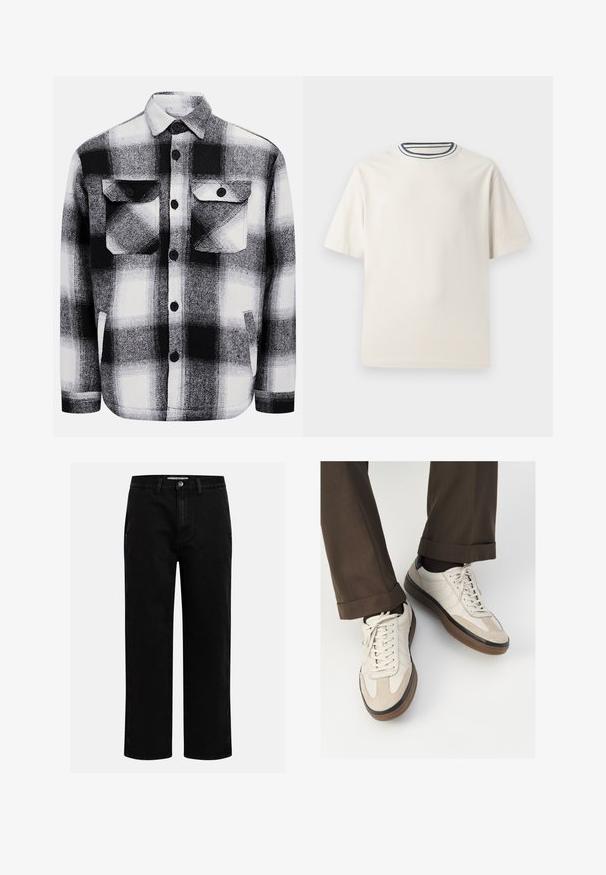 Sorte og hvide ternet flannel skjorte med to frontlommer, knaplukninger og en blød tekstur. Klassisk ternet mønster.; Cremefarvet bomulds t-shirt med korte ærmer, der har en rund halsåbning accentueret med marineblå og hvide striber. Glat tekstur, afslappet pasform.; Sorte denimbukser med lige pasform, klassisk fem-lomme design og knaplukning i taljen. Glat tekstur og holdbart stof.; Beige sneakers med en struktureret ruskind front, glatte lædersider og en brun gummisål. Snørebånd og let stikning er inkluderet.