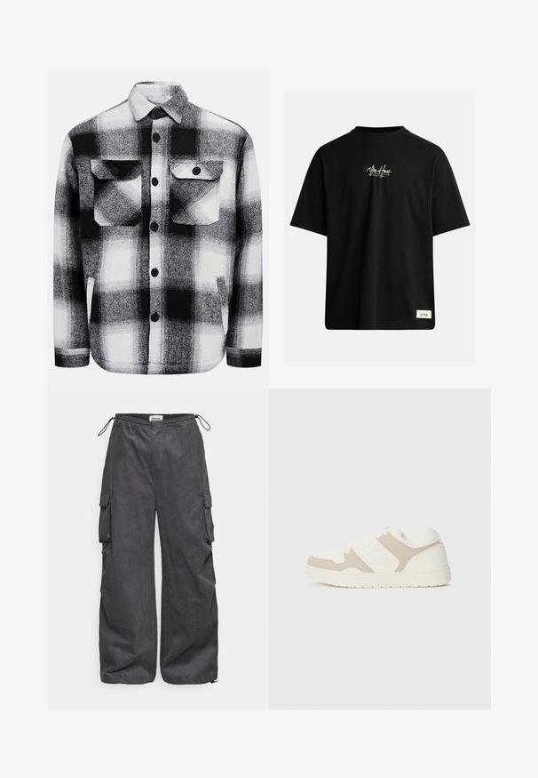 Mustra mustriline abonn tsohk, millel on kaks es Front taskut, nupplukud ja pehme tekstuur. Klassikaline ruuduline muster.; Musthave lühikeste varrukatega must t-särk, mis on valmistatud puuvillast. Rinnas on väike valge logo ja paremas alumises servas on ristkülikukujuline silt.; Hallid hallid cargo püksid tekstureeritud kangast, elastse ning köiega vöökoha ja külje taskute detailidega. Lõdva istumisega, laiad sääred.; Valge ja beež treeningjalats, millel on sujuvad ja sametised tekstuurid, ümar varvas, lukk nööbid ja tasane kummist tald.