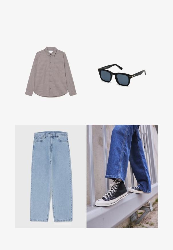 Overshirt met lange mouwen in een bruine en beige ruitpatroon. Heeft een kraag, een borstzak en zwarte knopen aan de voorkant.; Lichtblauwe denim jeans met een recht model, voorzien van een middelhoge taille, vijf zakken en een knoop- en ritssluiting.; Zwarte hoge sneakers met witte zool en veters, gecombineerd met losse blauwe denim jeans, rustend op een grijze leuning.; Zwarte vierkante zonnebril met donkere lenzen, matte afwerking en gouden metalen accenten op de poot, met een minimalistisch ontwerp.; Bruine lederen schoudertas met een platte voorflap, twee banden, gouden hardware-accenten en een verstelbare schouderband.