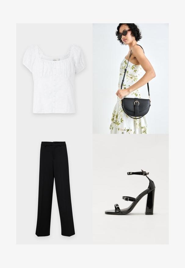 Valge pluus ruudu kujuga dekolteega, elastsete puhvärvidega ja nööpide sulgemisega. Omab lillelist tikandit ja vormitud disaini.; Musta laiad püksid siledast kangast, millel on klassikaline vöökoht, nööbiga sulgemine ja ees voldid.; Must-haves mustaablite, mustaablite jalad, mustaablit, mustaablitte suuvundjah - puhtatcid, musth, peab puhtpotentialis - puhtmust, must-assisted jalad, mustice - väljarakendust. Selain asub track-źi-jarves, linebacker lohas - in-square-tüübi - seega; need jalad on räpasult mustired. Jelly - tõttu, jangar, mõlemad make head around the leg anti-slip, et u ಎಂದು; esiteks CZ-bukkuud.; Mustmust mustraha kõverate joontega, eemaldatava rihmaga ja kuldsete detailidega. Kotil on klapp, millel on pandladetail.