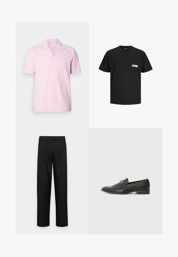 Lühikeste varrukatega roosa linane särk, millel on sisselõikega krae, kuus nööpi ees ja külgedel lõhikute mugavuse jaoks. Kanga pinnal on veidi tekstureeritud viimistlus.; Musta puuvillane T-särk lühikeste varrukatega, ümmargune kaelus ja valge logo trükk vasakul rinnal. Sile tekstuur, klassikaline lõige.; Mustad mustadest riietest, millel on sirge jalgade disain, kaks eesmist voltimist ja tavaline vöökoht, millel on vöökohad.; Must haveate nahkking punased, millel on sile viimistlus, tikitud muster ja dekoratiivne metallkett vampi üle. Tasane konts.