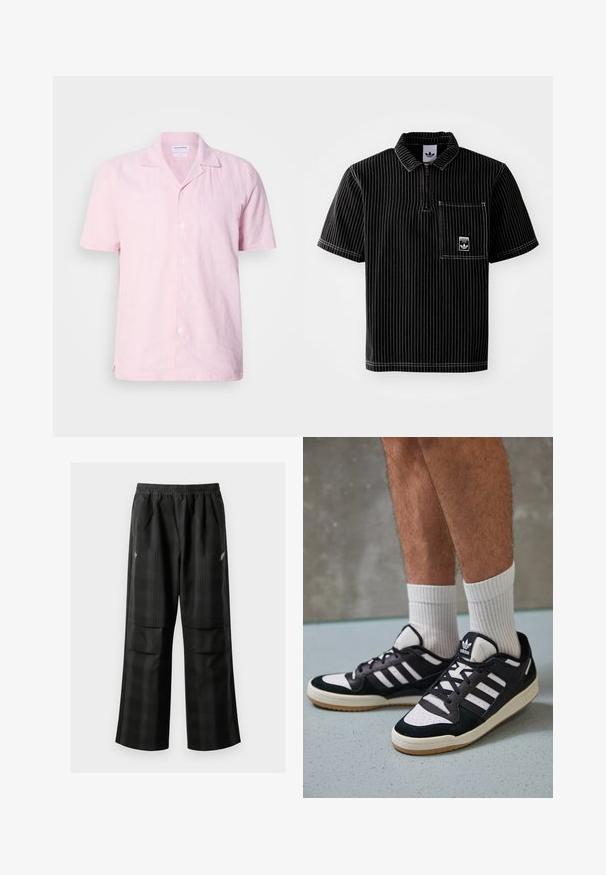 Rožinė lininė marškinė su trumpomis rankovėmis, iškirpte ir šešiais mygtukais priekyje, bei šoninėmis skeltukėmis patogumui. Audinys turi šiek tiek tekstūruotą paviršių.; Juodas trumpas rankovėmis polo marškinėliai su priekyje užtrauktuku, baltomis vertikaliomis juostelėmis, krūtinės kišenė su mažuoju logo ir tekstūruota medžiaga.; Juodos languotos kelnės su elastingu juosmeniu, dviem priekinėmis kišenėmis ir laisvu tiesiu kirpimu. Pagamintos iš lengvos medžiagos.; Juodos ir baltos sportinės bateliai su zomšiniu ir odiniu viršumi, su trimis baltomis juostelėmis, perforuota koja ir guminėmis padais.