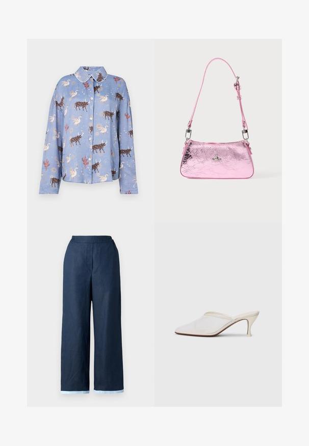 Camicia a maniche lunghe celeste con stampa di tori marroni, cigni ed elementi celestiali; chiusura a bottoni e colletto in contrasto.; Pantaloni ampi blu navy in lino, con vita elastica e bordo in leggero contrasto azzurro. Texture liscia.; Mule bianco in rete con punta appuntita, tacco medio sottile e design slip-on su uno sfondo semplice.; Borsa a mano metallizzata rosa con una texture arricciata, una tracolla regolabile e accessori color argento. Presenta un piccolo emblema sul davanti.